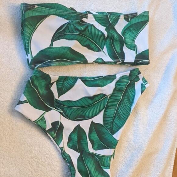 Palm Leaf Print Bikini Medium, High Wasted Bottoms, Tube Top - Picture 2 of 5